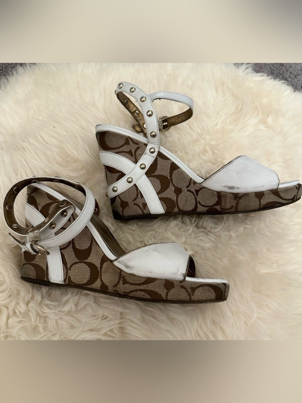 Coach Brown Signature Canvas Wedge Sandals with White Leather Straps Y2K